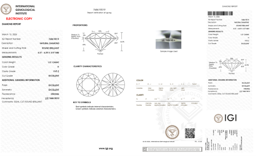 Diament Brylant 1.01ct H/VVS2 3xEx.