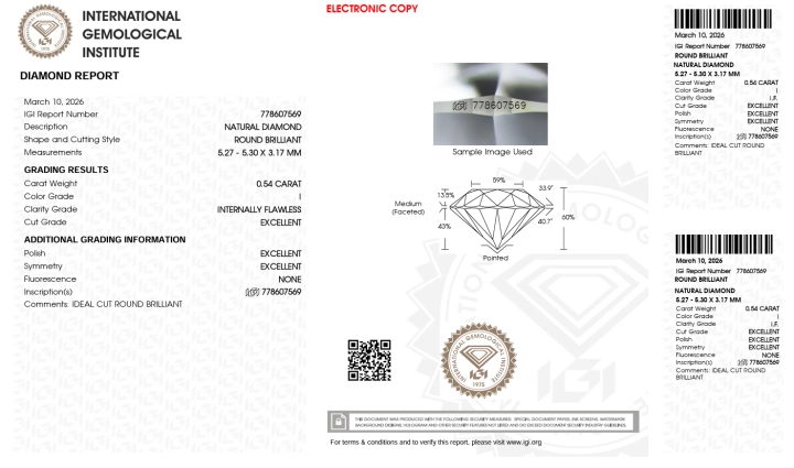 Diament Brylant 0.54ct., I/IF, 3xEx.