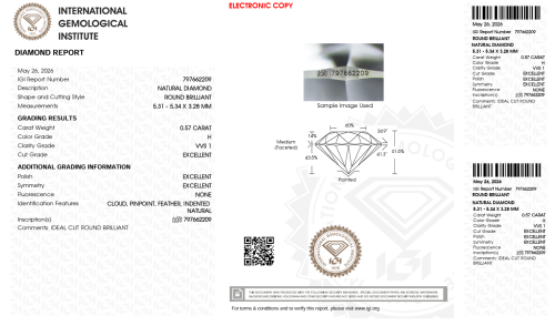 Diament Brylant 0.57ct., H/VVS1, 3xEx.