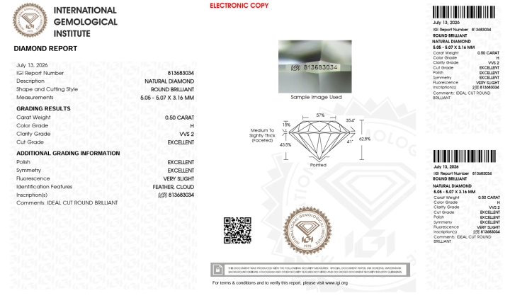 Diament Brylant 0.50ct., H/VVS2, 3xEx.