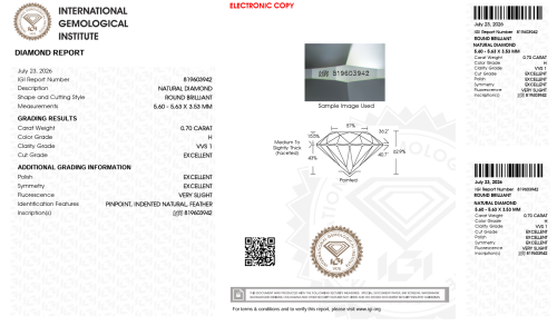 Diament Brylant 0.70ct H/VVS1 3xEx.