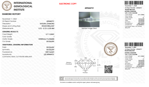 Diament Brylant 0.71ct., I/IF, 3xEx. IGI.